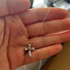 20 inch Silver Cross Necklace with 10k Gold Accent and Small Diamonds
